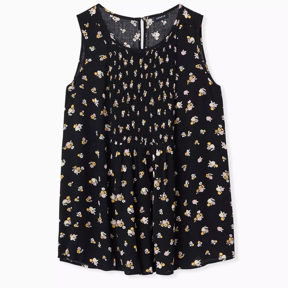 Torrid Crinkle Gauze Smocked Tank Black Floral Print EUC
